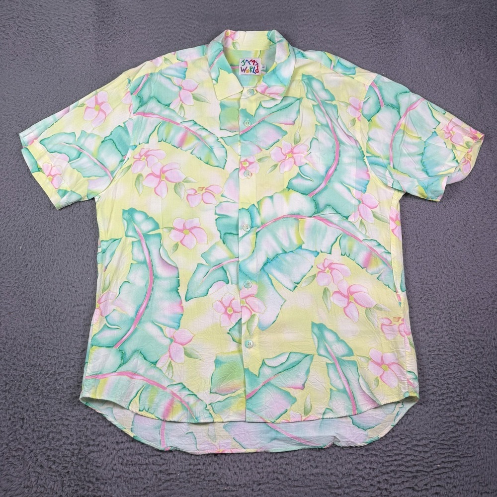 Vintage Jams World Hawaiian Shirt Mens L Multicolor Floral Rayon Short Sleeve